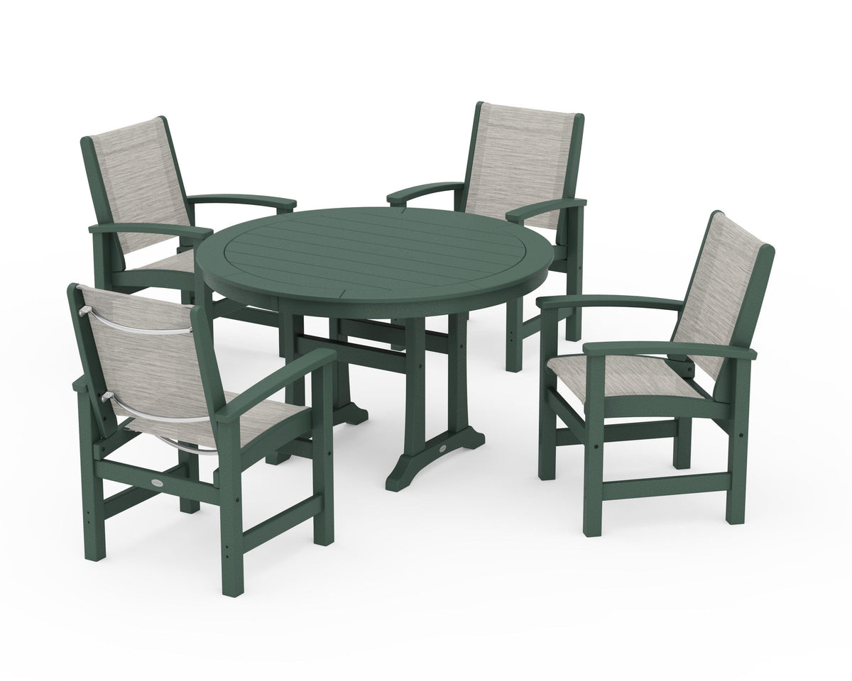 POLYWOOD Coastal 5-Piece Round Dining Set with Trestle Legs in Green / Birch