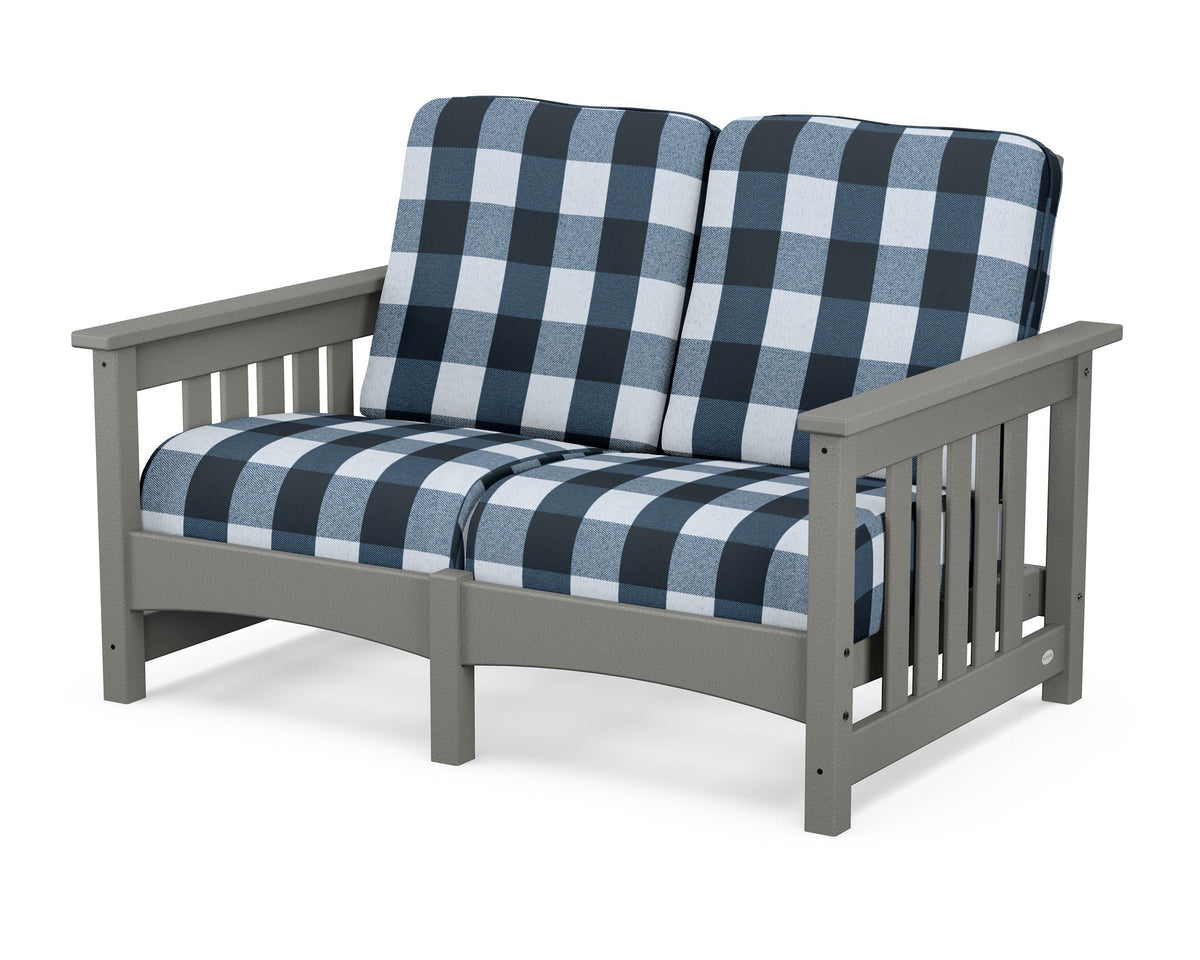 POLYWOOD Club Mission Loveseat in Slate Grey / Buffalo Plaid Marine Indigo