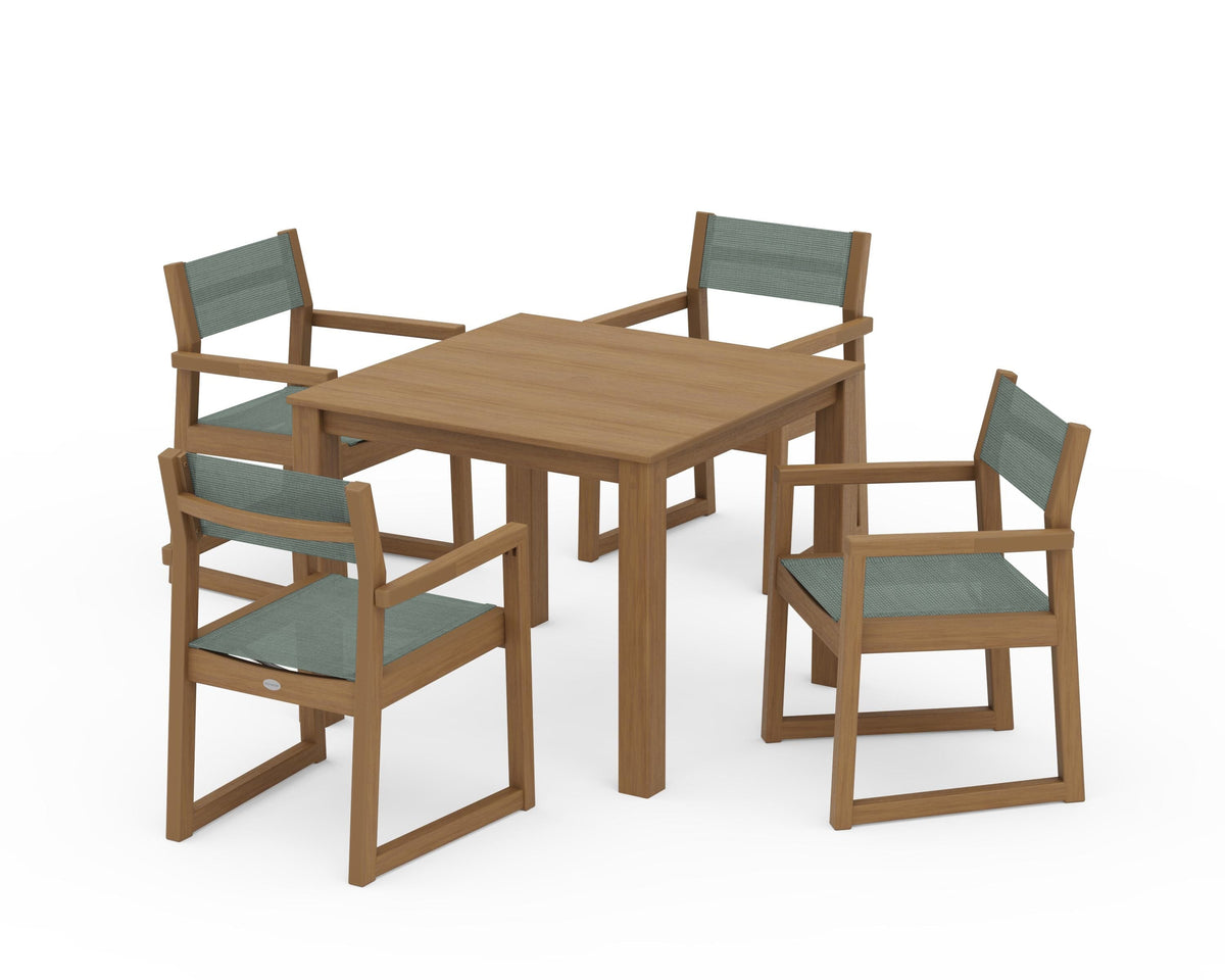 POLYWOOD EDGE Sling Arm Chair 5-Piece Parsons Dining Set in Natural / Dupioni Sea Mist