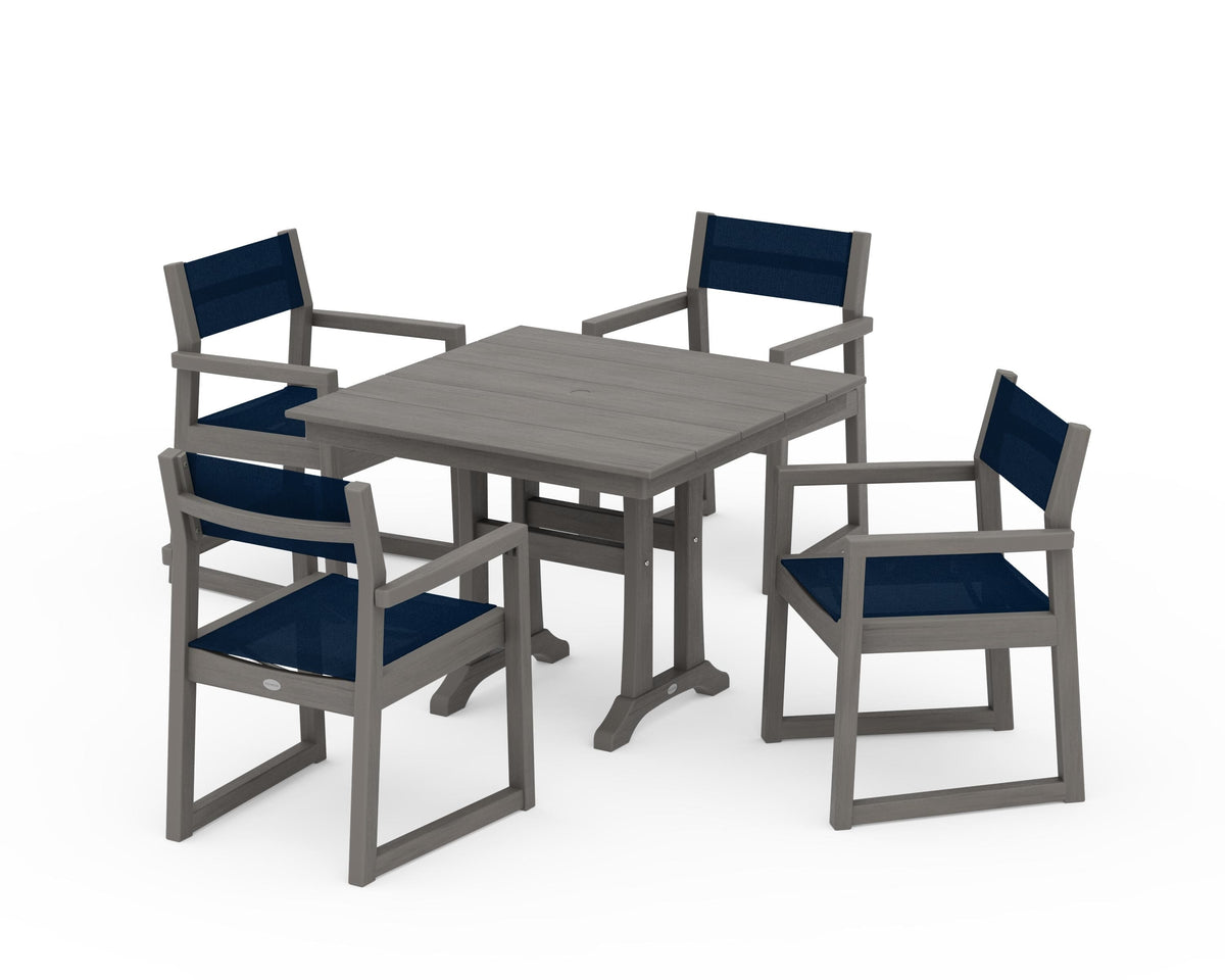 POLYWOOD EDGE Sling 5-Piece Farmhouse Dining Set with Trestle Legs in Driftwood / Navy Blue