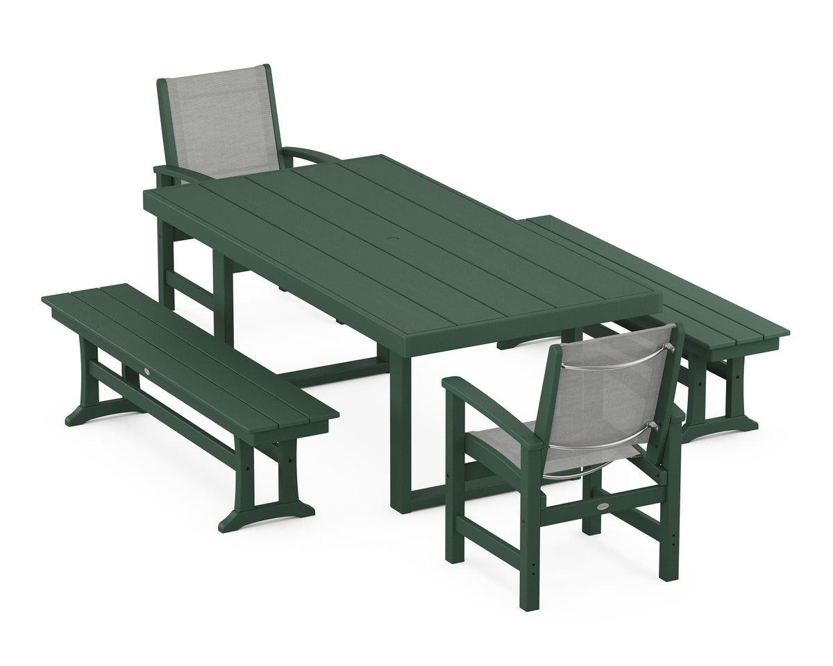 POLYWOOD Coastal 5-Piece Dining Set with Trestle Legs with EDGE 40" x 78" Dining Table in Green / Metallic