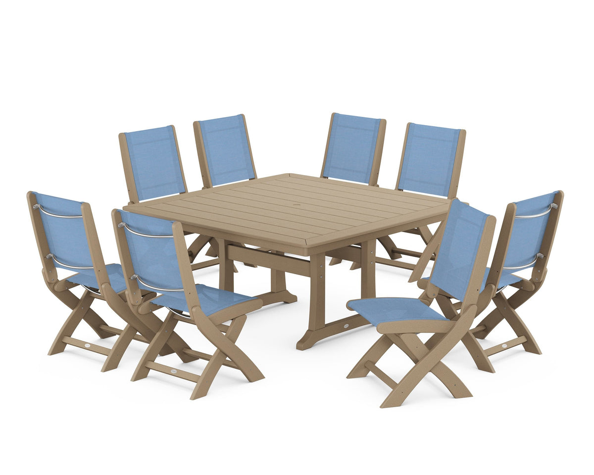 POLYWOOD Coastal Folding Side Chair 9-Piece Dining Set with Trestle Legs in Vintage Sahara / Poolside