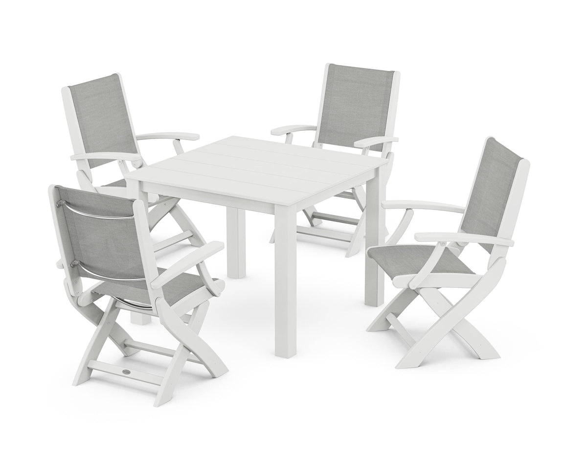 POLYWOOD Coastal Folding Chair 5-Piece Parsons Dining Set in White / Metallic