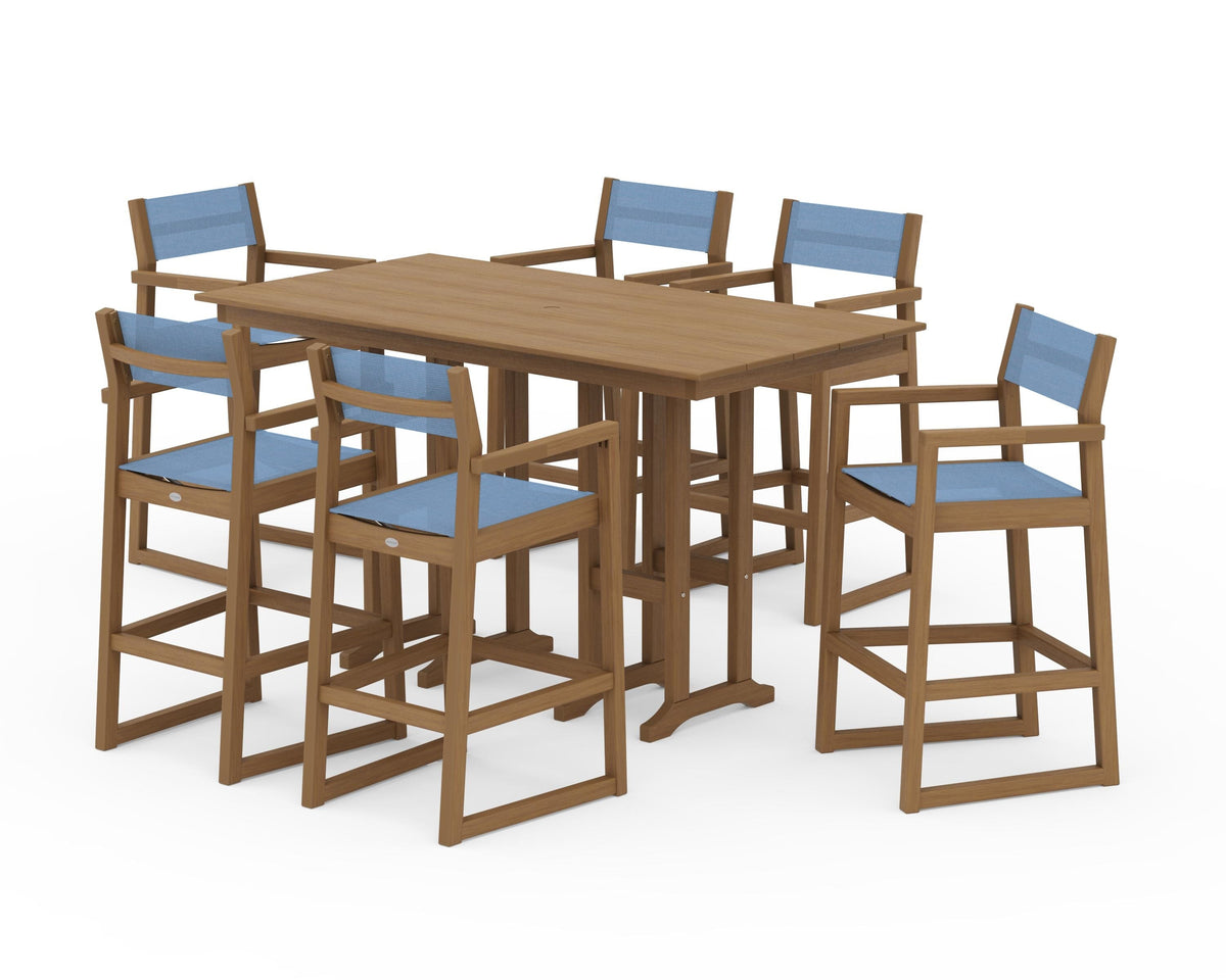 POLYWOOD EDGE Sling Arm Chair 7-Piece Farmhouse Bar Set in Natural / Poolside