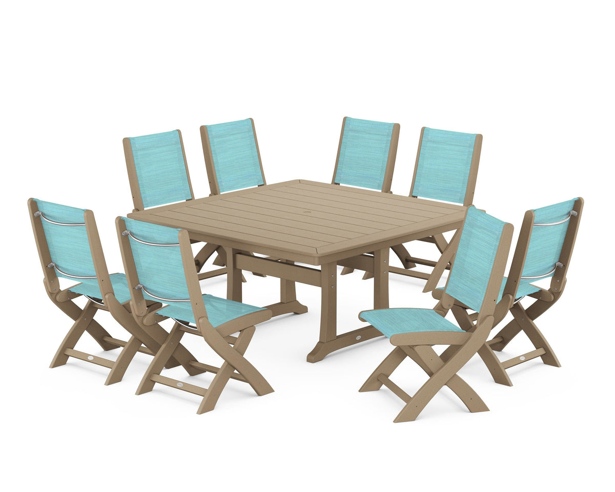 POLYWOOD Coastal Folding Side Chair 9-Piece Dining Set with Trestle Legs in Vintage Sahara / Dupioni Aquamarine