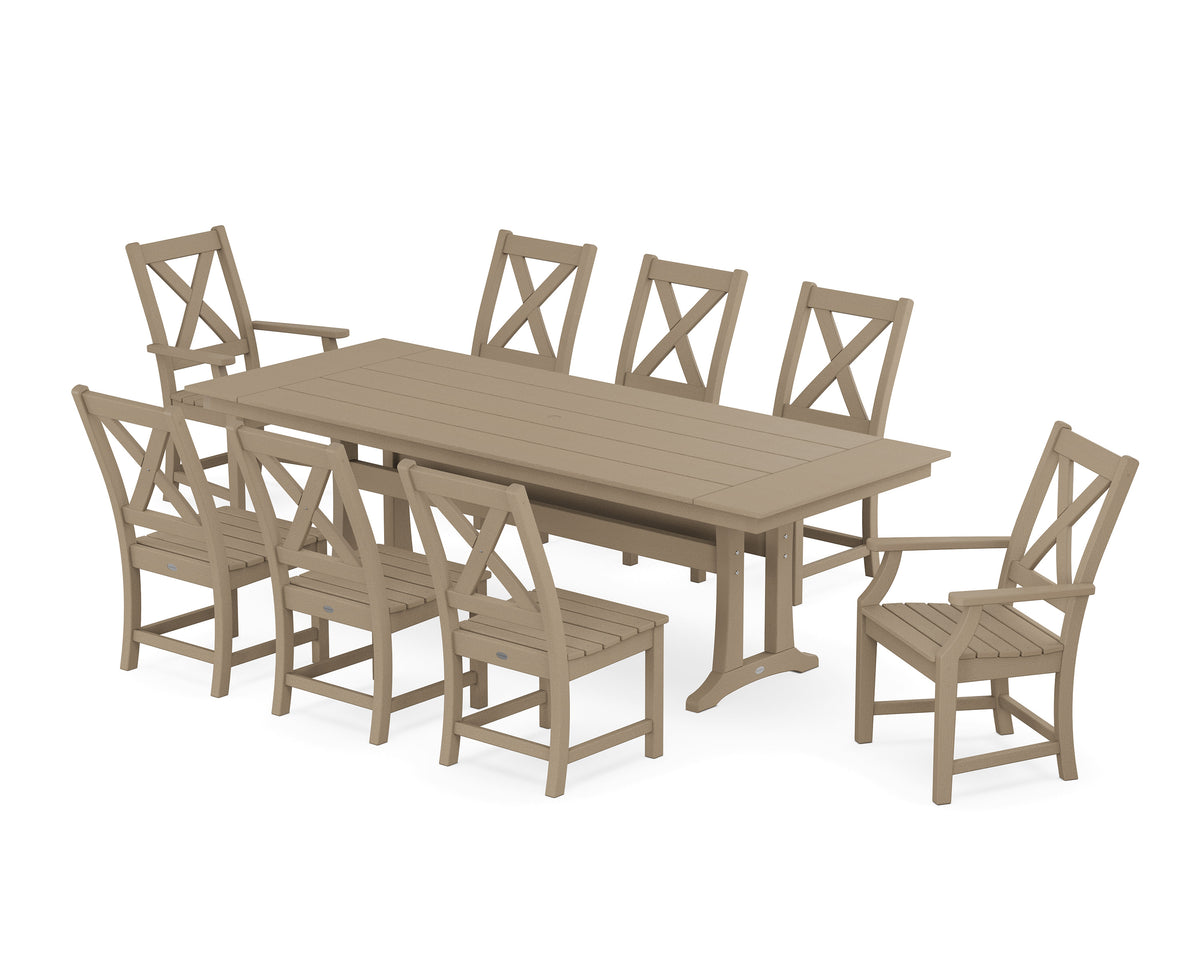 POLYWOOD Braxton 9-Piece Farmhouse Dining Set with Trestle Legs in Vintage Sahara