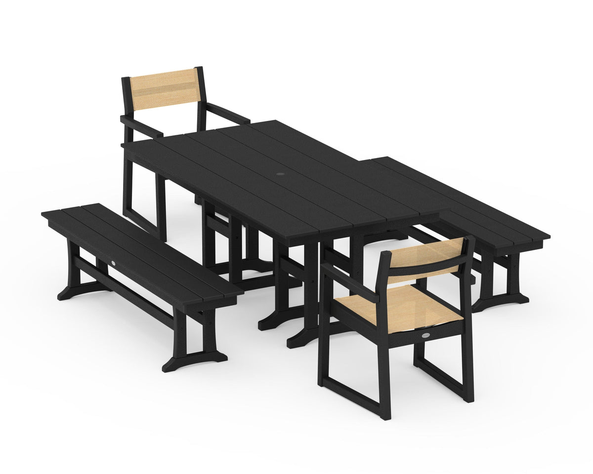 POLYWOOD EDGE Sling Arm Chair 5-Piece Farmhouse Dining Set with Benches in Black / Dupioni Apricot