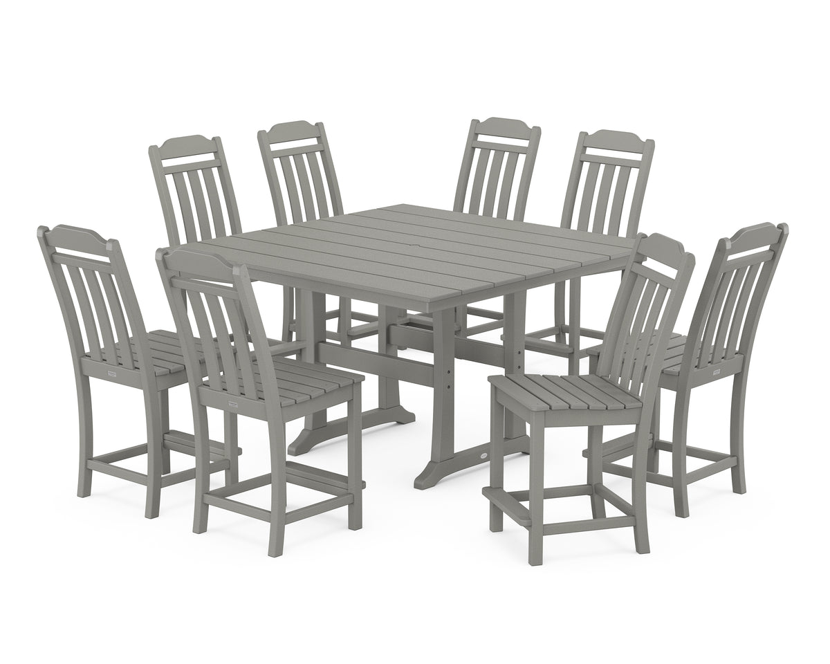 POLYWOOD Country Living Cottage 9-Piece Square Farmhouse Side Chair Counter Set with Trestle Legs in Slate Grey