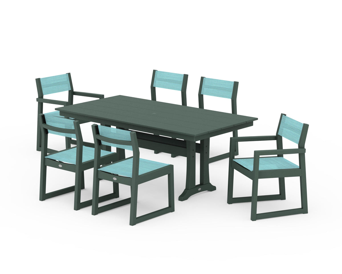 POLYWOOD EDGE Sling 7-Piece Farmhouse Trestle Dining Set in Green / Dupioni Aquamarine