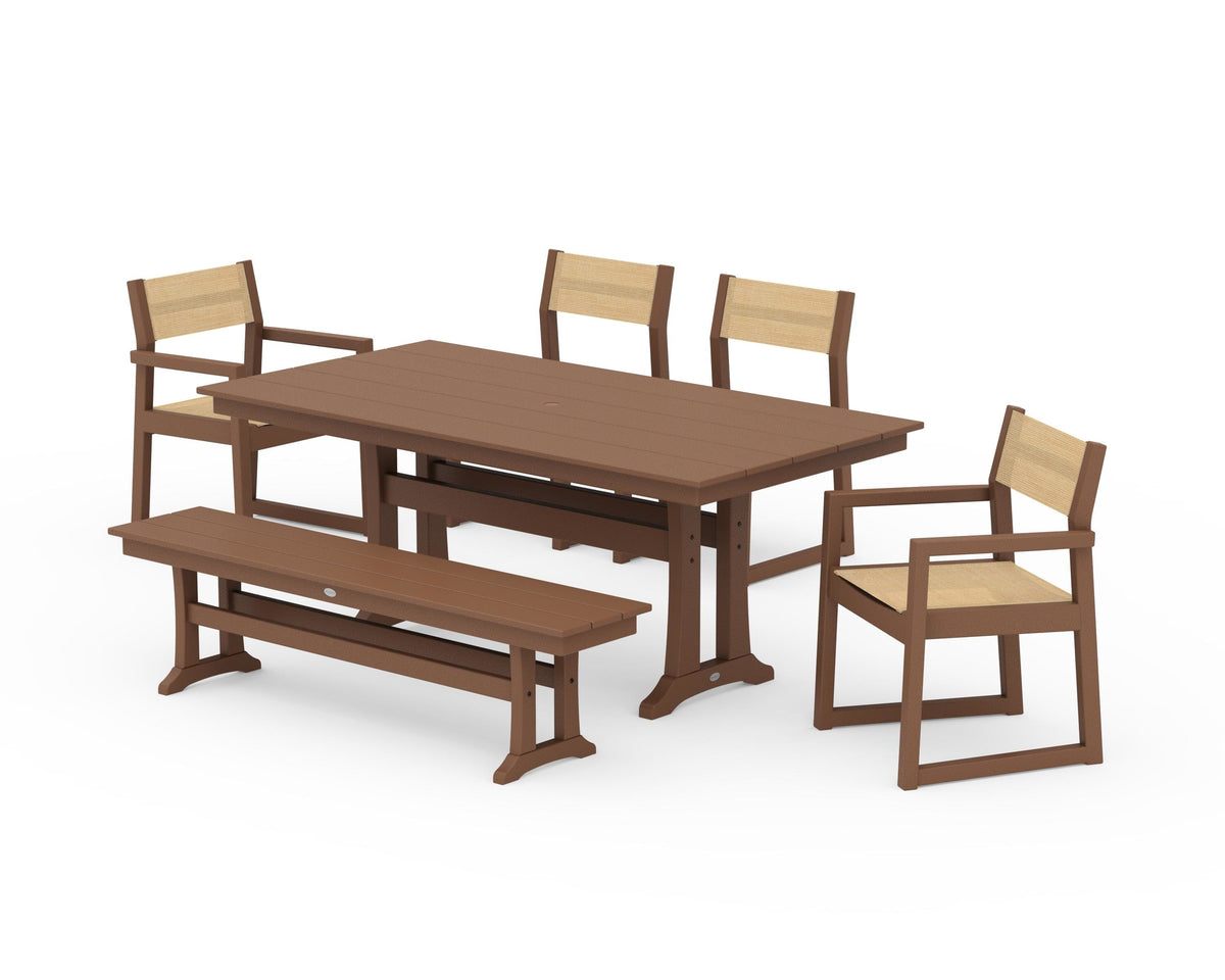 POLYWOOD EDGE Sling 6-Piece Farmhouse Dining Set With Trestle Legs in Teak / Dupioni Apricot