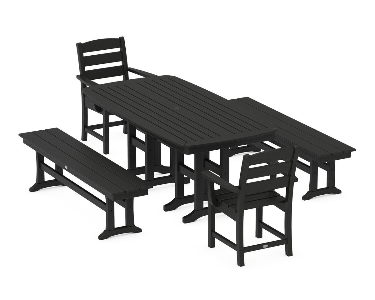 POLYWOOD Lakeside 5-Piece Dining Set with Benches - 37" x 72" Table in Black