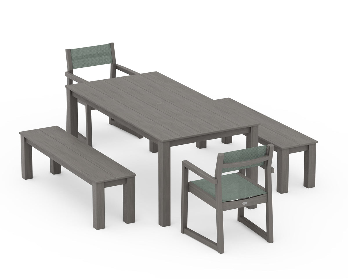 POLYWOOD EDGE Sling Arm Chair 5-Piece Parsons Dining Set with Benches in Driftwood / Dupioni Sea Mist