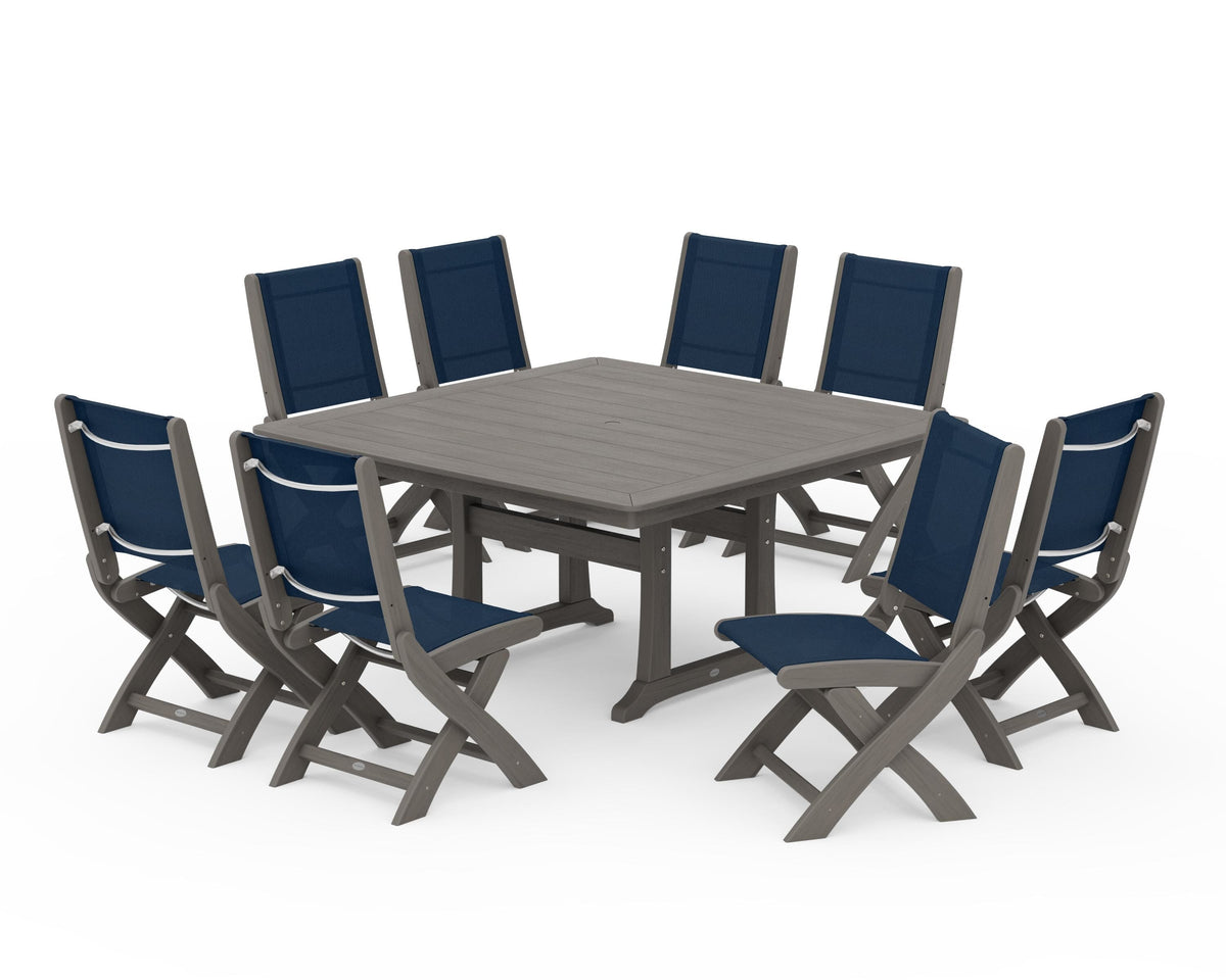 POLYWOOD Coastal Folding Side Chair 9-Piece Dining Set with Trestle Legs in Driftwood / Navy Blue