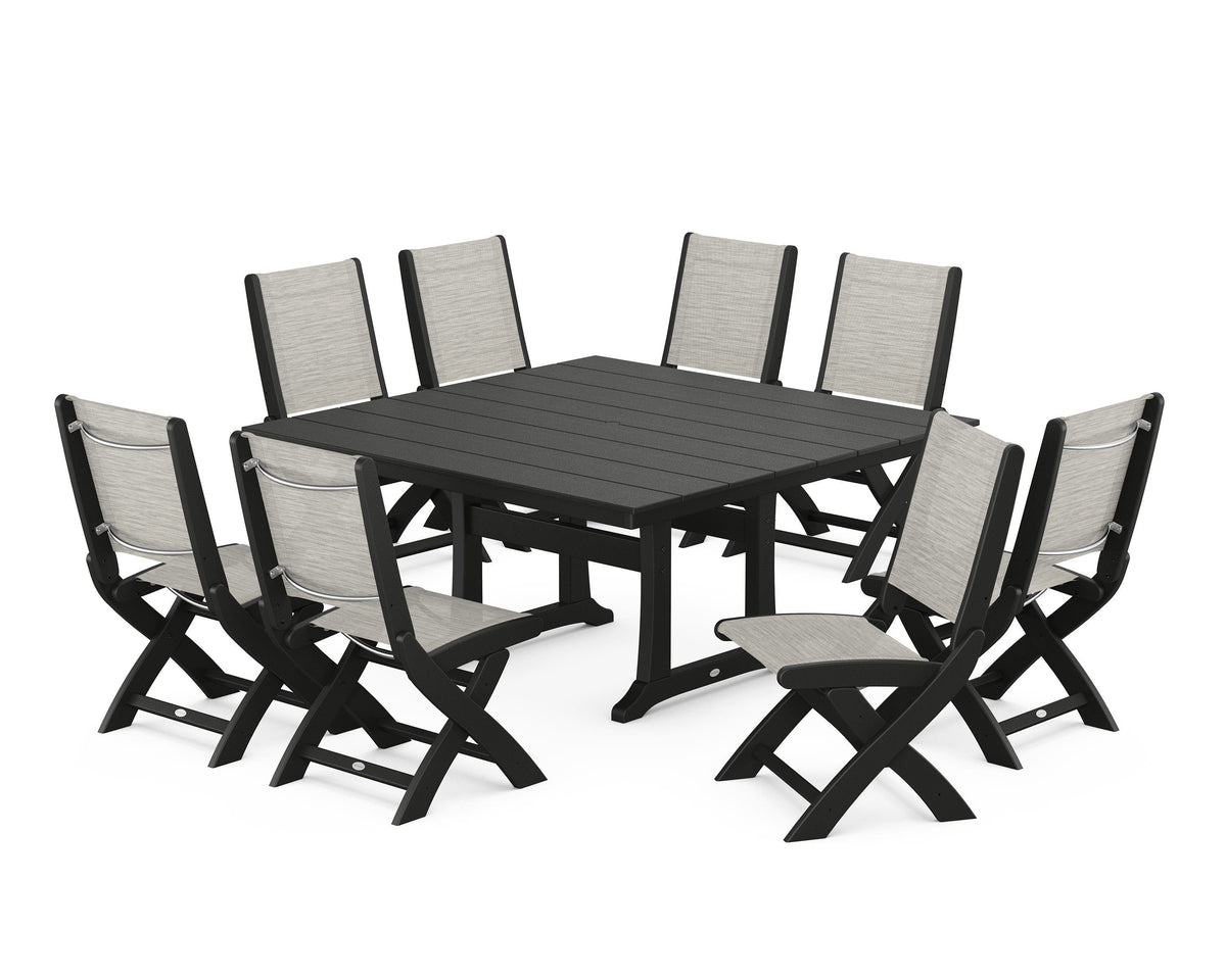 POLYWOOD Coastal Folding Side Chair 9-Piece Farmhouse Dining Set in Black / Birch