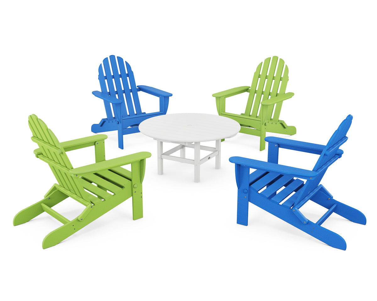 POLYWOOD Classic Folding Adirondack 5-Piece Conversation Group in Lime / Pacific Blue / White