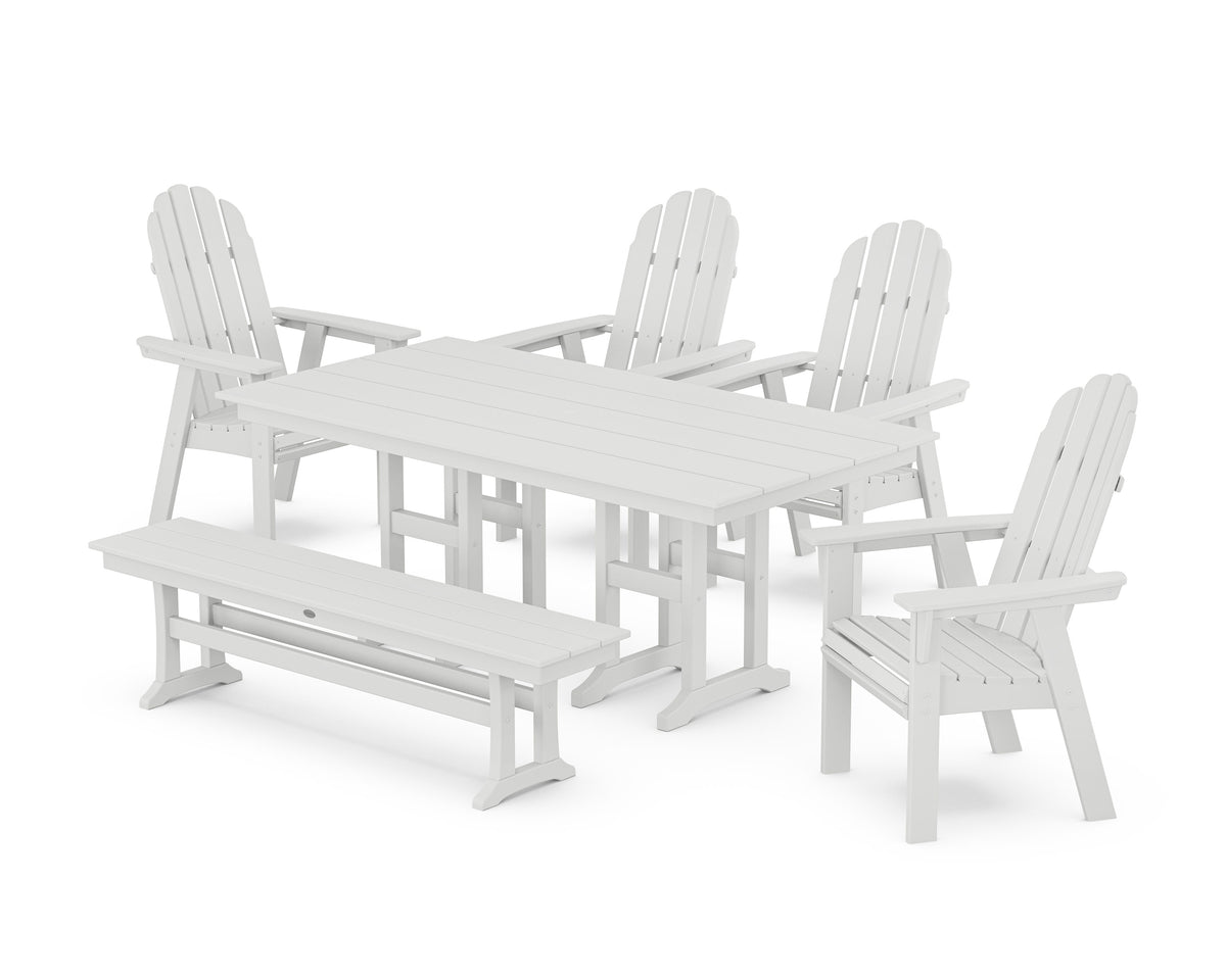 POLYWOOD Vineyard Curveback Adirondack Chair 6-Piece Farmhouse Dining Set with Bench in White