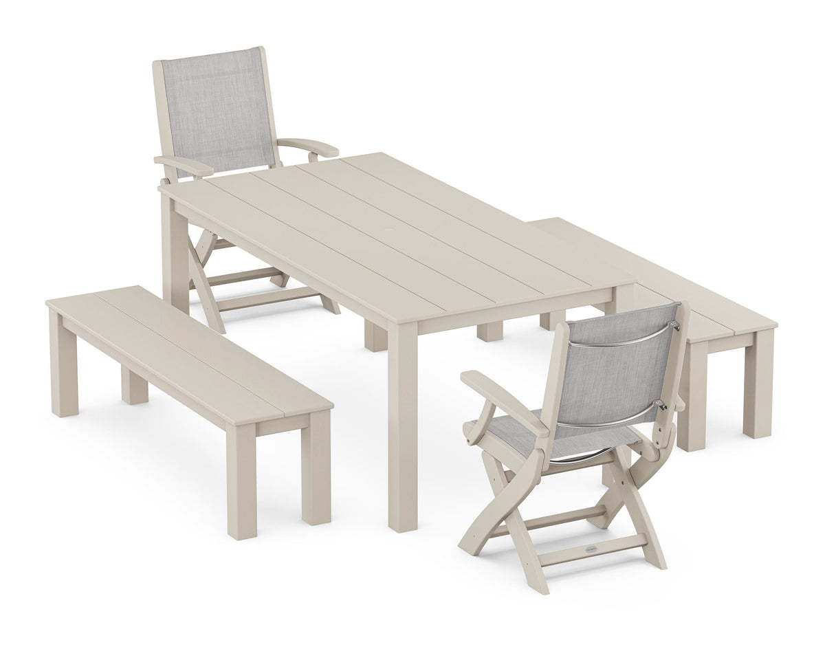 POLYWOOD Coastal Folding Chair 5-Piece Parsons Dining Set with Benches in Sand / Parchment