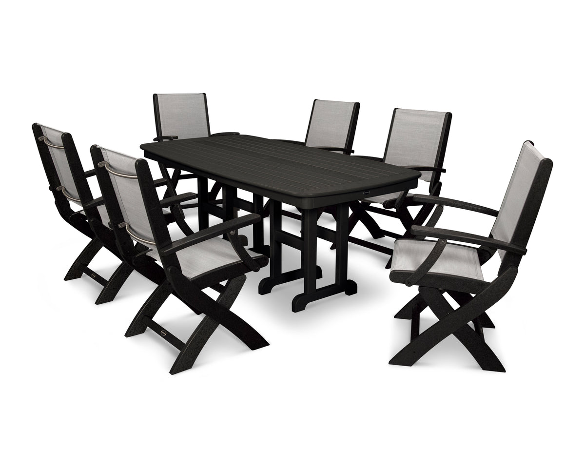 POLYWOOD Coastal Folding Arm Chair 7-Piece Dining Set in Black / Metallic