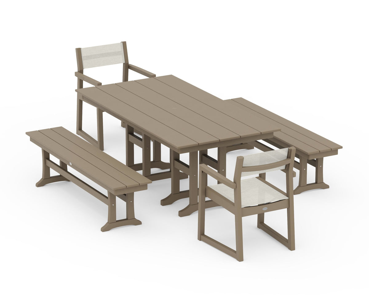 POLYWOOD EDGE Sling Arm Chair 5-Piece Farmhouse Dining Set with Benches in Vintage Sahara / Parchment