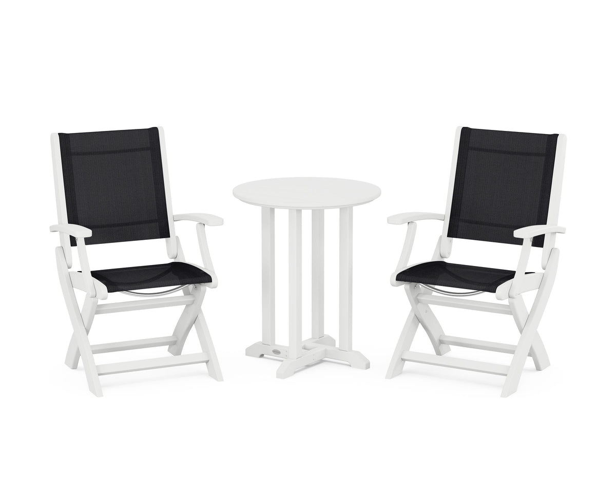 POLYWOOD Coastal Folding 3-Piece Round Bistro Dining Set in White / Black