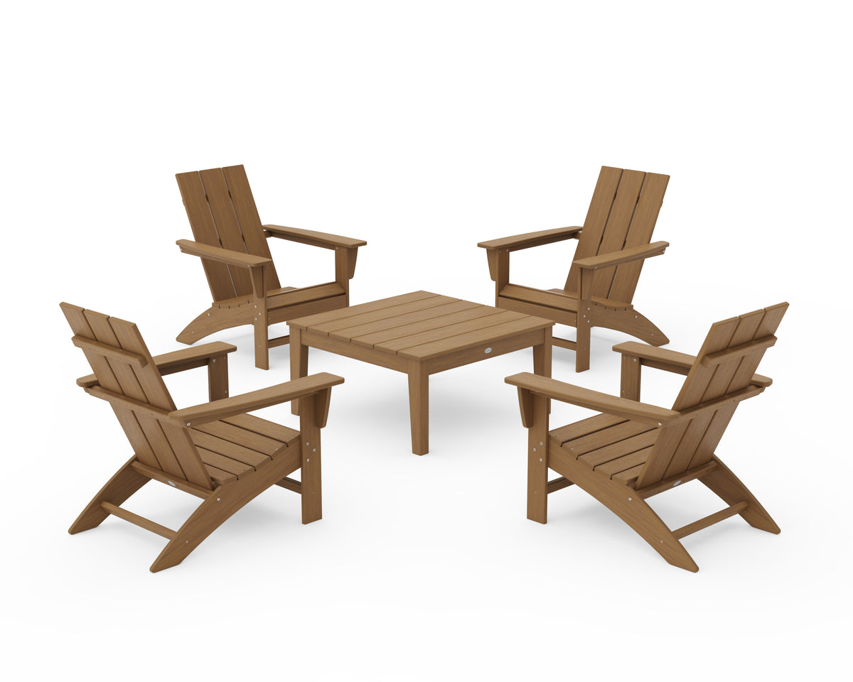 POLYWOOD 5-Piece Modern Adirondack Chair Conversation Set with 36" Conversation Table in Natural