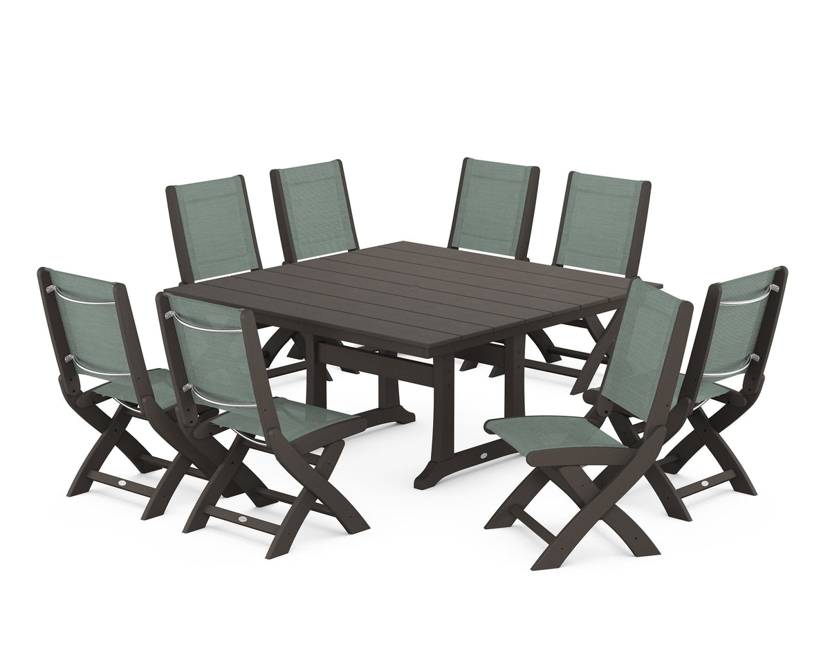 POLYWOOD Coastal Folding Side Chair 9-Piece Farmhouse Dining Set in Vintage Coffee / Dupioni Sea Mist