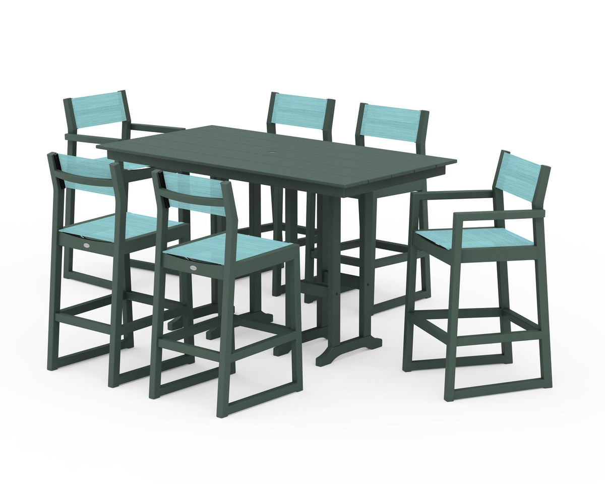 POLYWOOD EDGE Sling 7-Piece Farmhouse Bar Set in Green / Dupioni Aquamarine