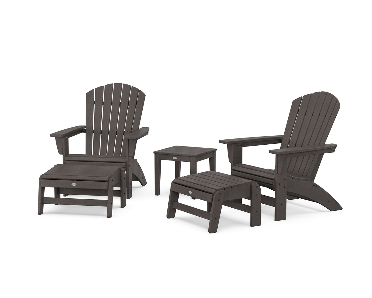 POLYWOOD 5-Piece Nautical Grand Adirondack Set with Ottomans and Side Table in Vintage Coffee