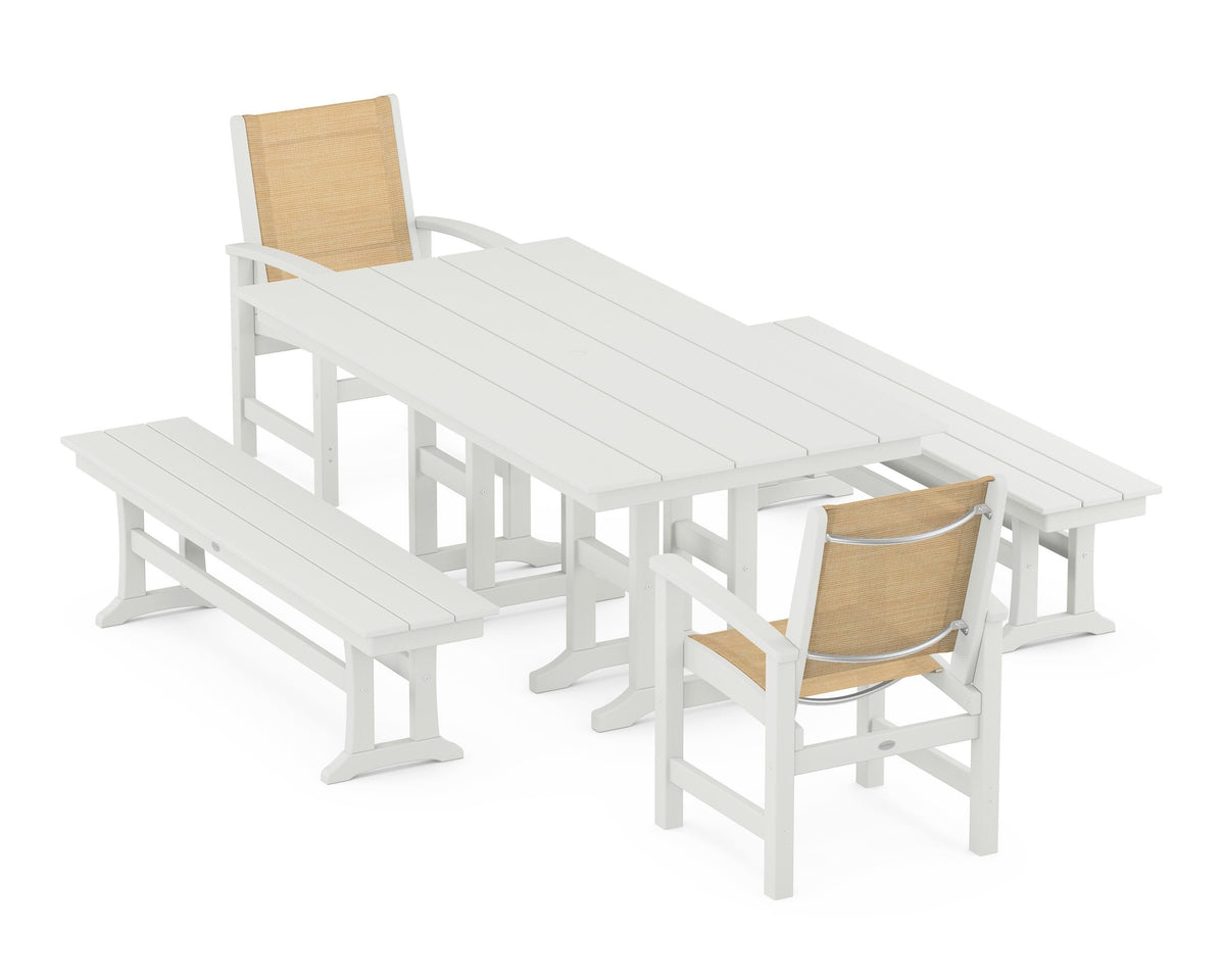 POLYWOOD Coastal 5-Piece Farmhouse Dining Set with Farmhouse 37" x 72" Dining Table in Vintage White / Dupioni Apricot