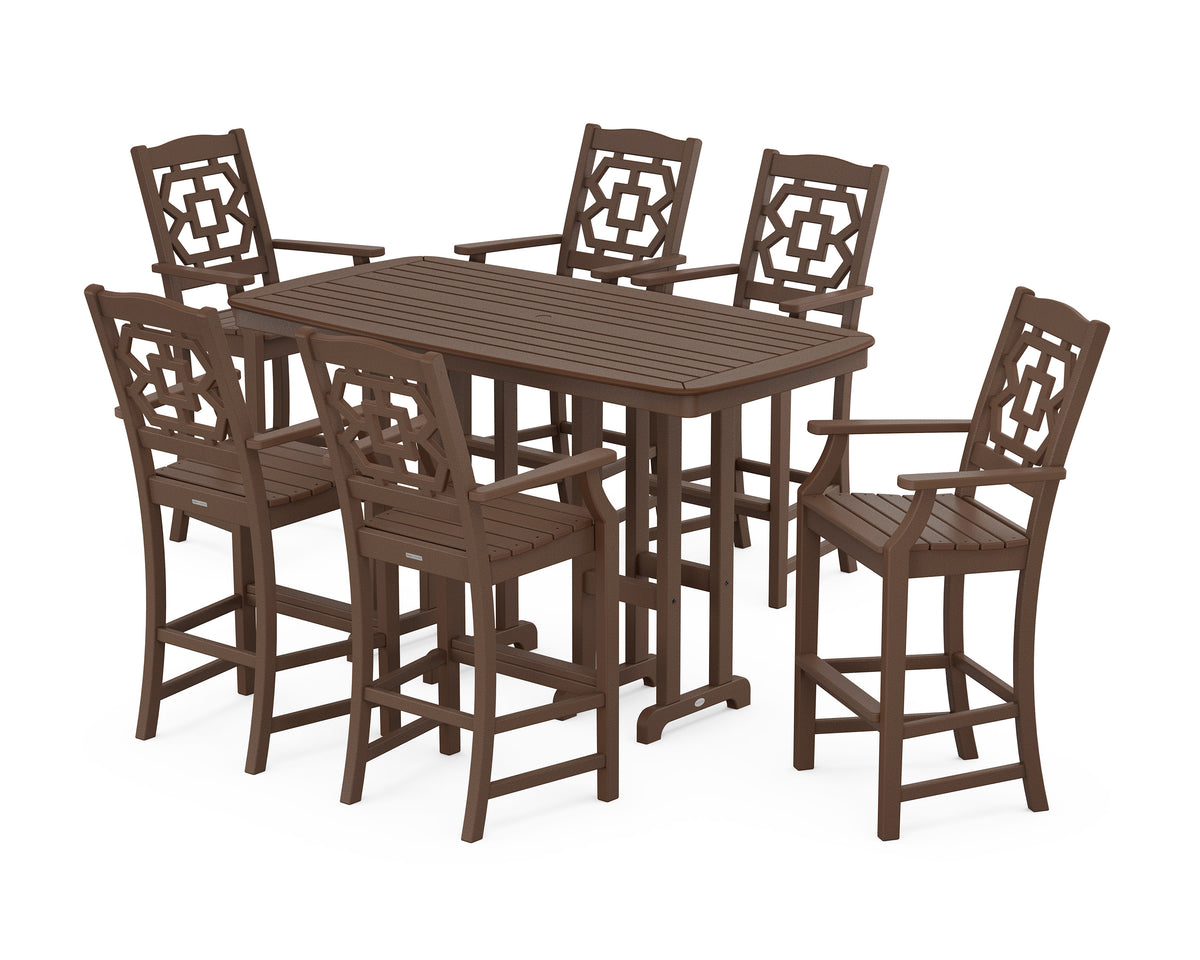 POLYWOOD Chinoiserie Arm Chair 7-Piece Bar Set in Mahogany