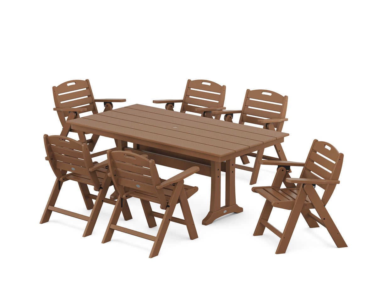 POLYWOOD Nautical Lowback 7-Piece Farmhouse Dining Set with Trestle Legs in Teak