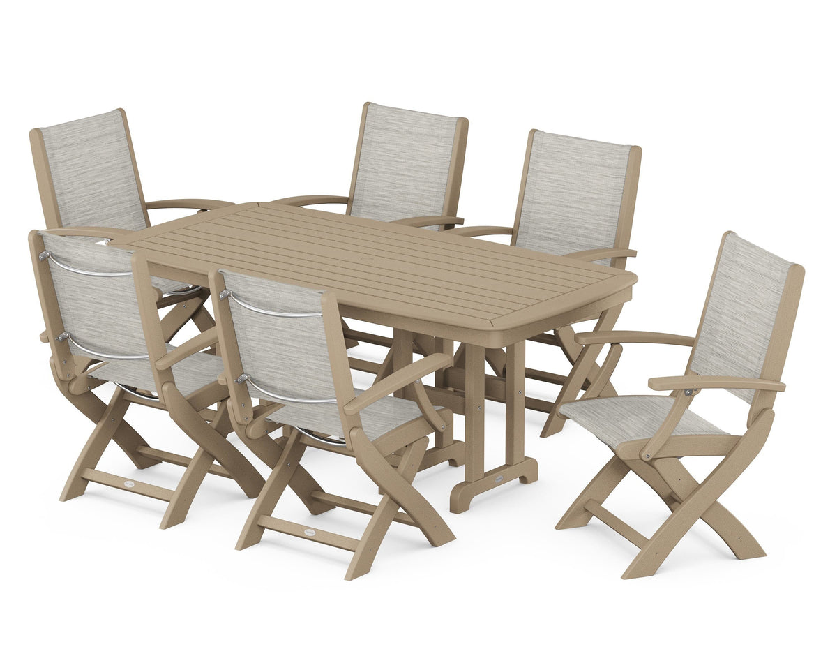 POLYWOOD Coastal Folding Arm Chair 7-Piece Dining Set in Vintage Sahara / Birch