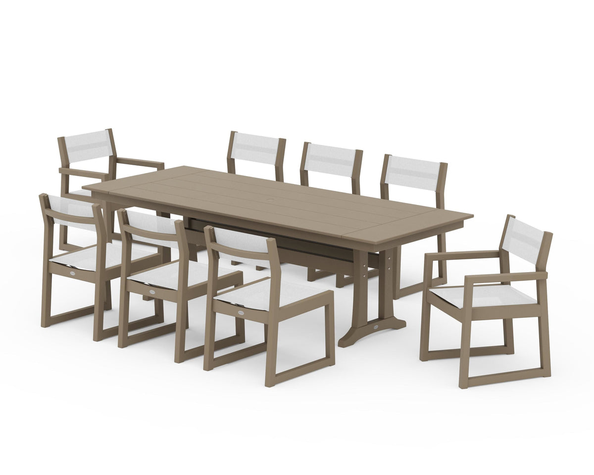 POLYWOOD EDGE Sling 9-Piece Farmhouse Trestle Dining Set in Vintage Sahara / White
