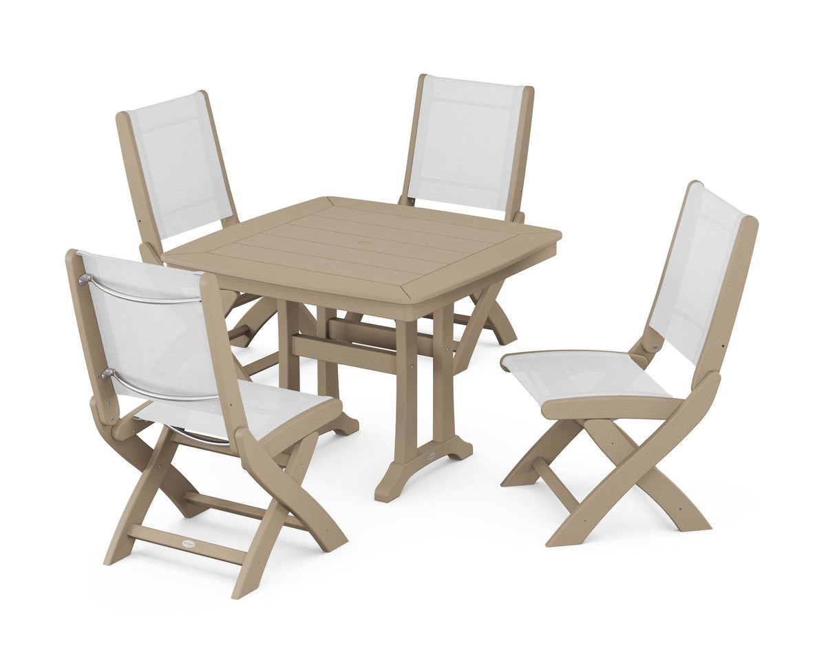 POLYWOOD Coastal Folding Side Chair 5-Piece Dining Set with Trestle Legs in Vintage Sahara / White