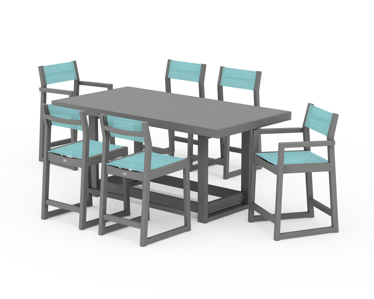 POLYWOOD EDGE Sling 7-Piece Counter Table Set in Slate Grey / Dupioni Aquamarine