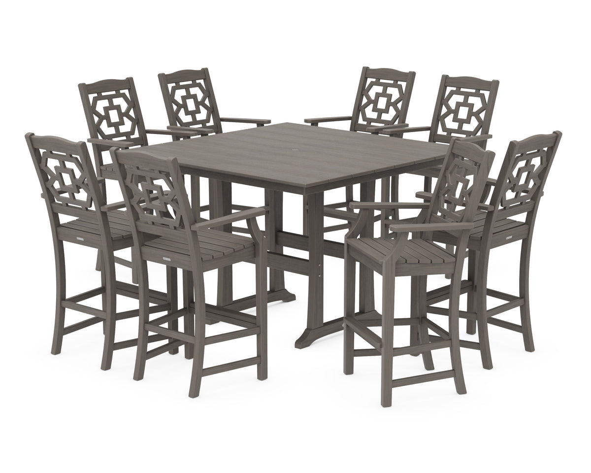 POLYWOOD Chinoiserie 9-Piece Square Farmhouse Side Chair Bar Set with Trestle Legs in Driftwood