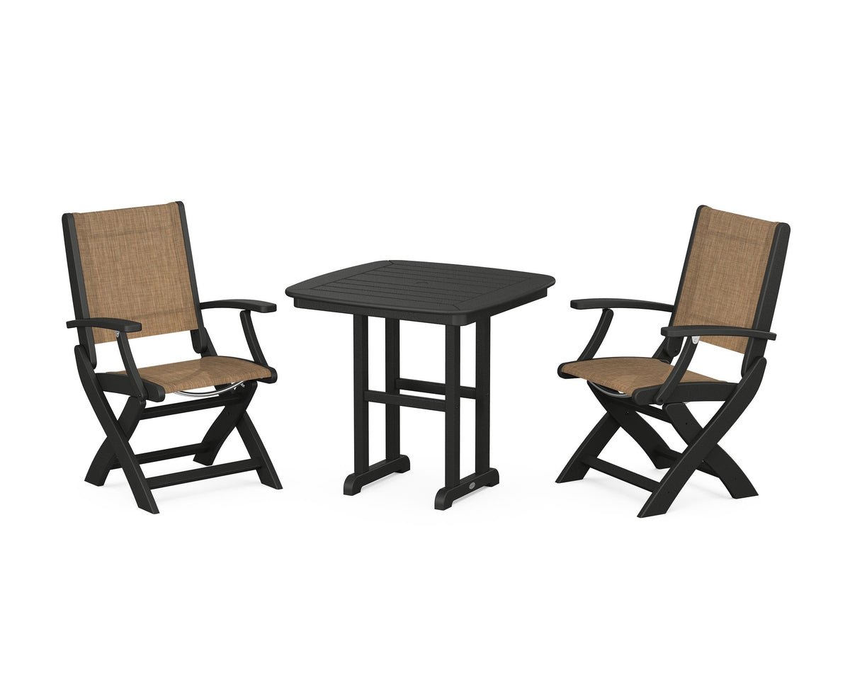 POLYWOOD Coastal Folding Chair 3-Piece Dining Set in Black / Burlap