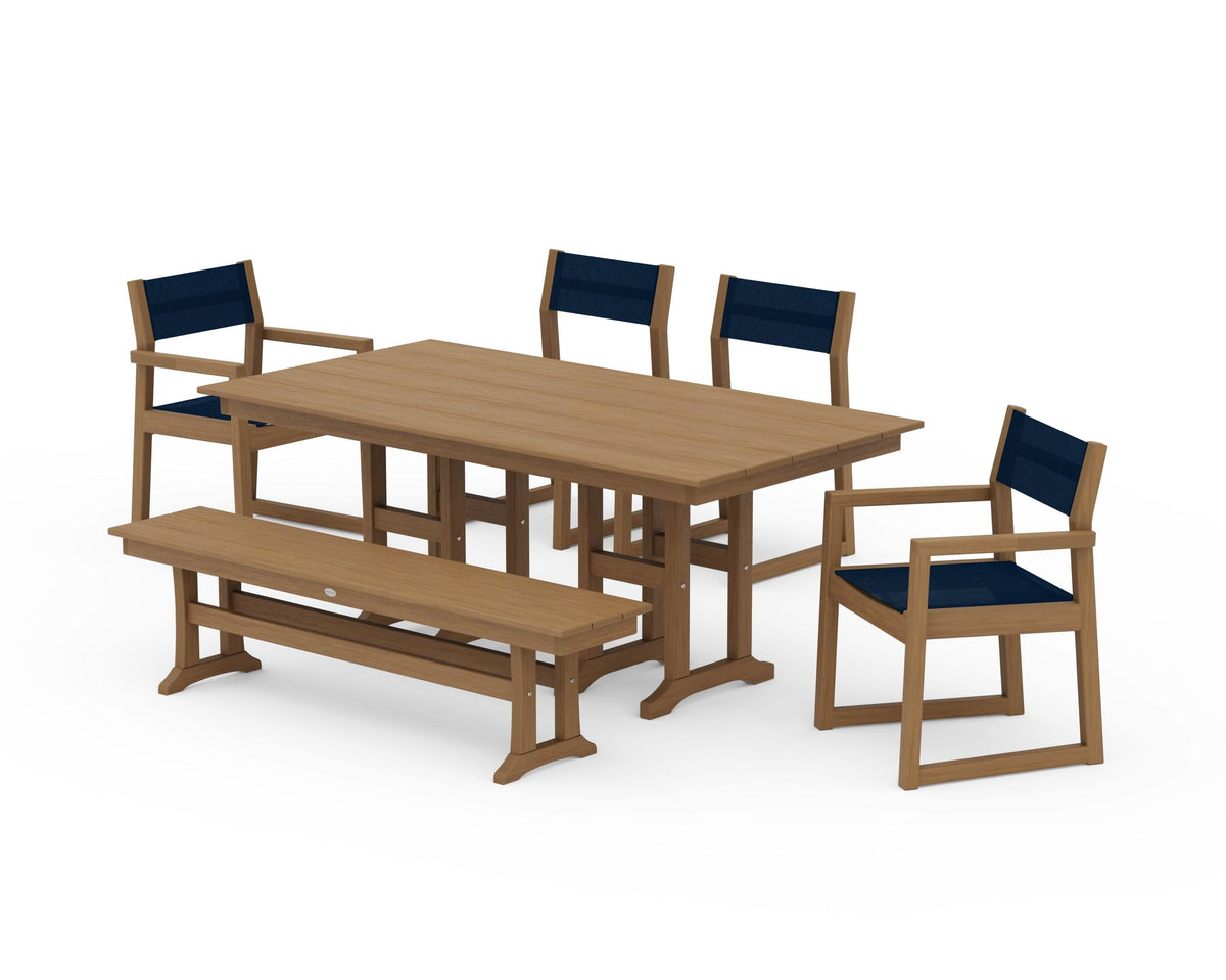 POLYWOOD EDGE Sling 6-Piece Farmhouse Dining Set in Natural / Navy Blue