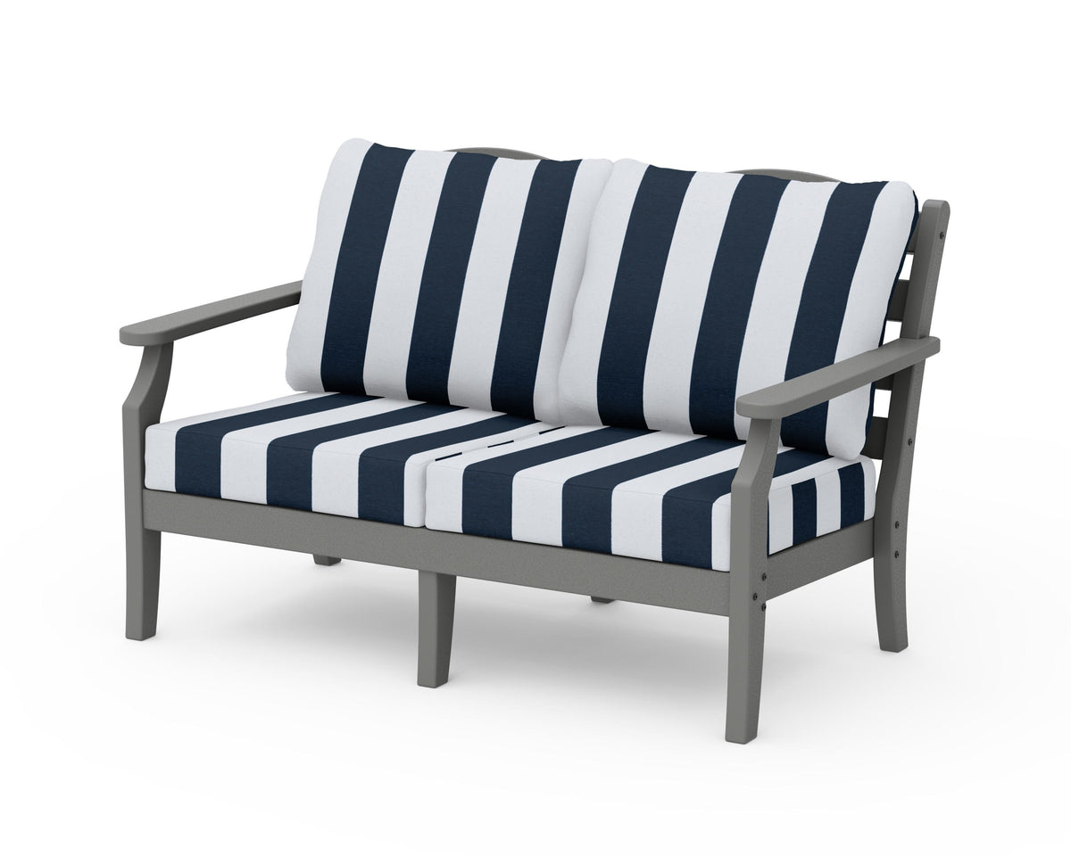 POLYWOOD Savannah Deep Seating Loveseat in Slate Grey / Cabana Stripe Marine Indigo
