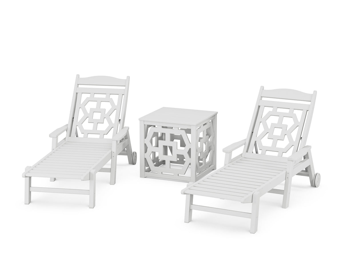 POLYWOOD Chinoiserie 3-Piece Chaise Set with Umbrella Stand Accent Table in White