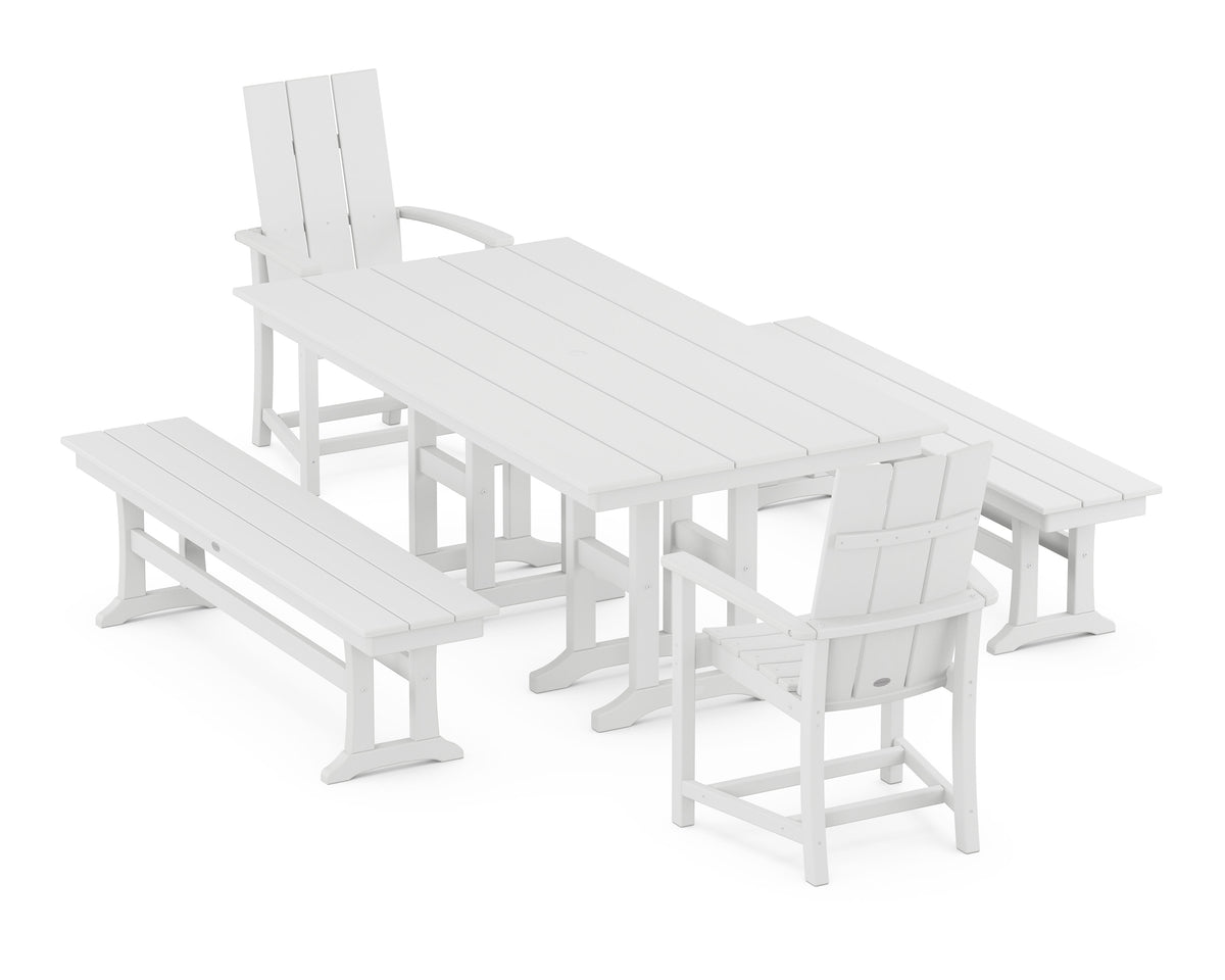 POLYWOOD Modern Adirondack 5-Piece Farmhouse Dining Set with Benches - 37" x 72" Table in White