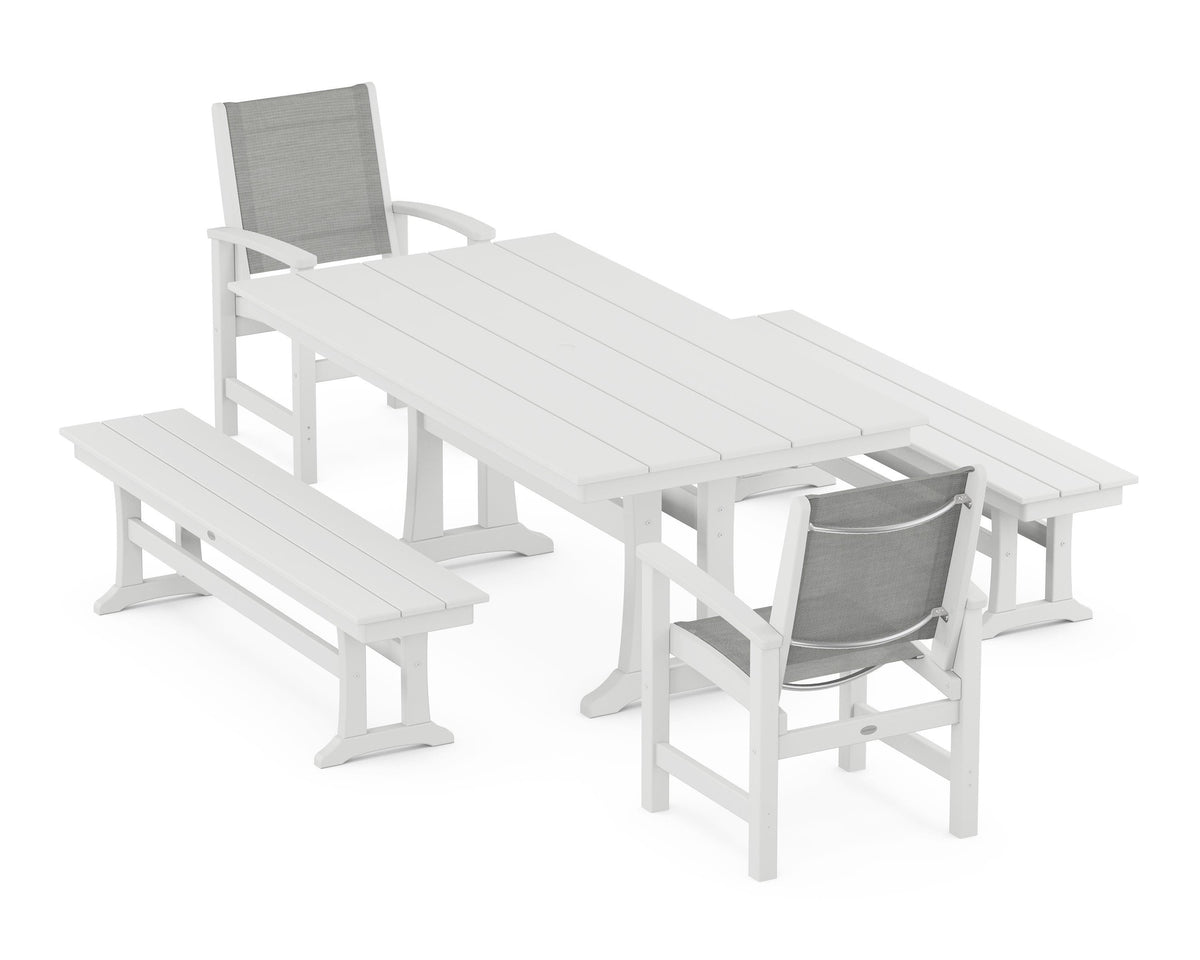 POLYWOOD Coastal 5-Piece Farmhouse Dining Set with Trestle Legs and Benches in White / Metallic