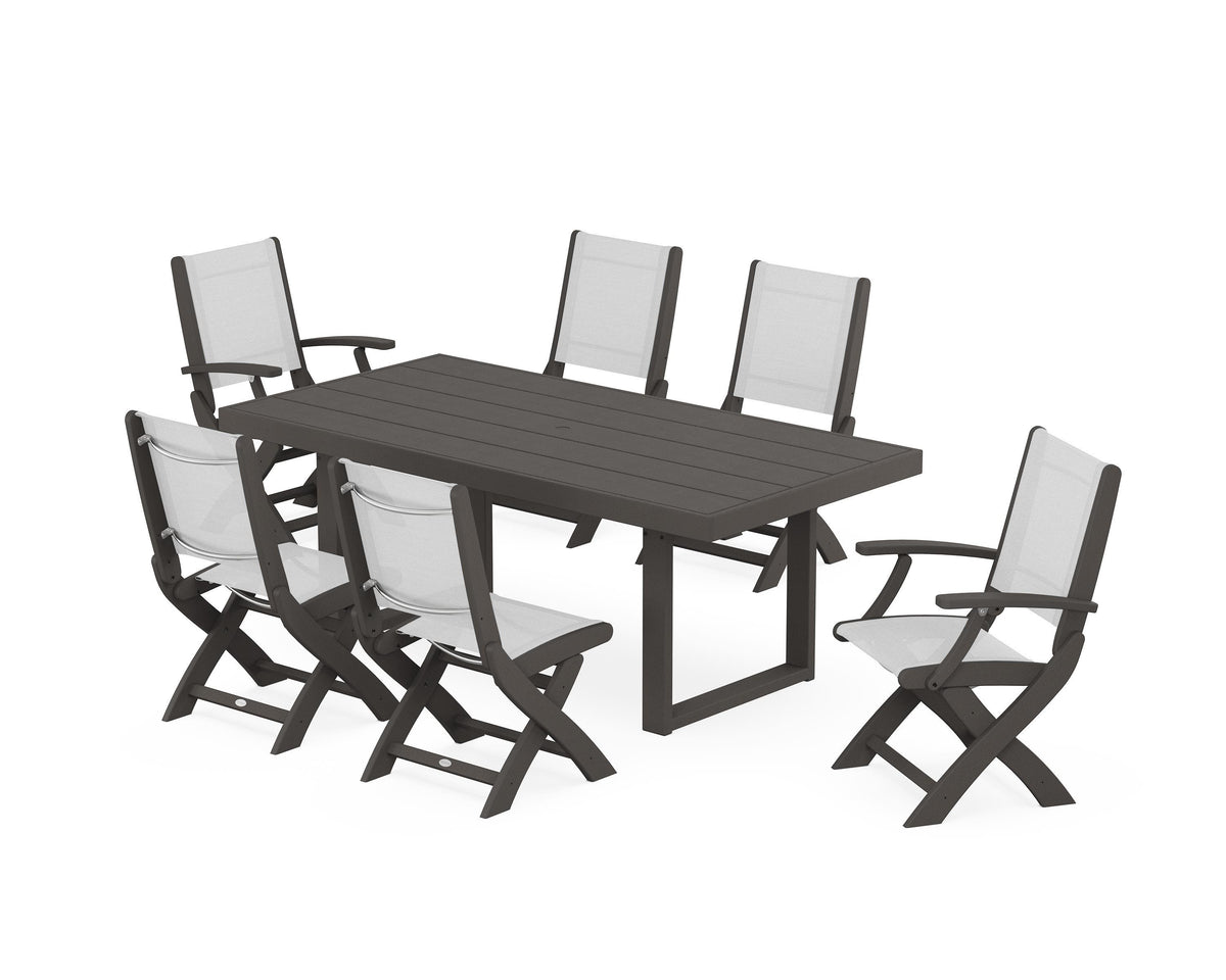 POLYWOOD Coastal Folding Chair 7-Piece Dining Set with Trestle Legs with EDGE 40" x 78" Dining Table in Vintage Coffee / White