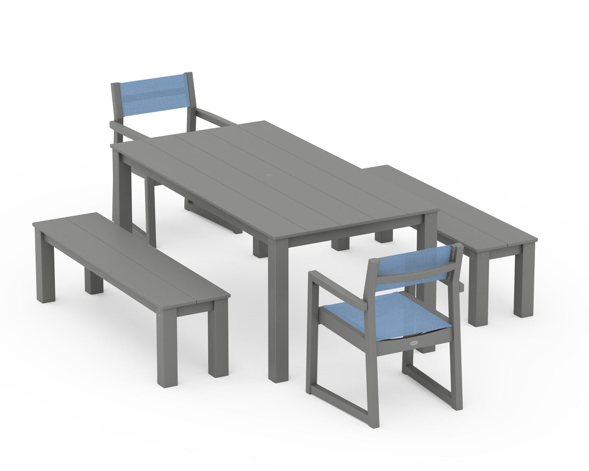 POLYWOOD EDGE Sling Arm Chair 5-Piece Parsons Dining Set with Benches in Slate Grey / Poolside