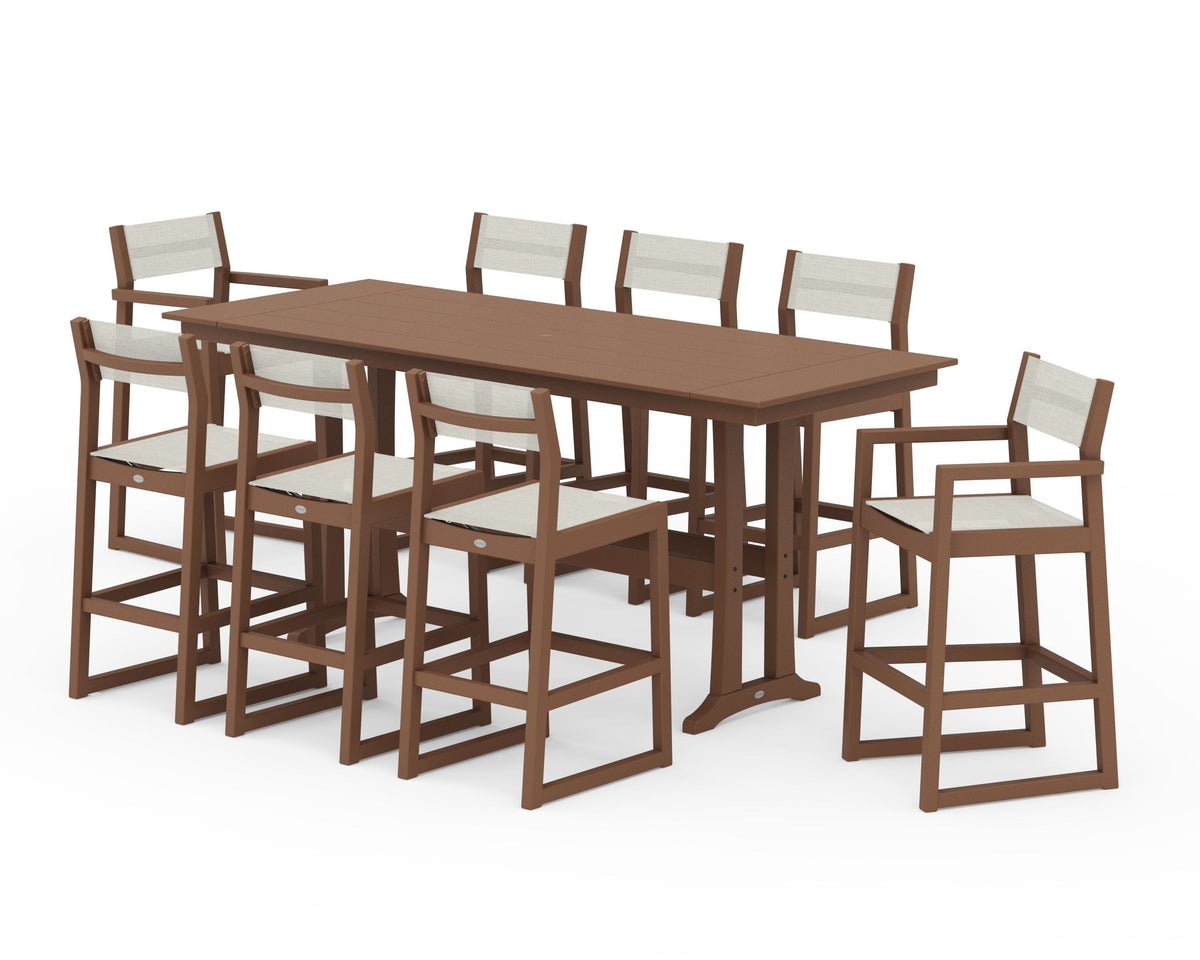 POLYWOOD EDGE Sling 9-Piece Farmhouse Bar Set with Trestle Legs in Teak / Parchment