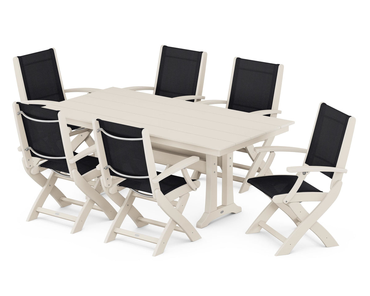POLYWOOD Coastal Folding Arm Chair 7-Piece Farmhouse Dining Set with Trestle Legs in Sand / Black