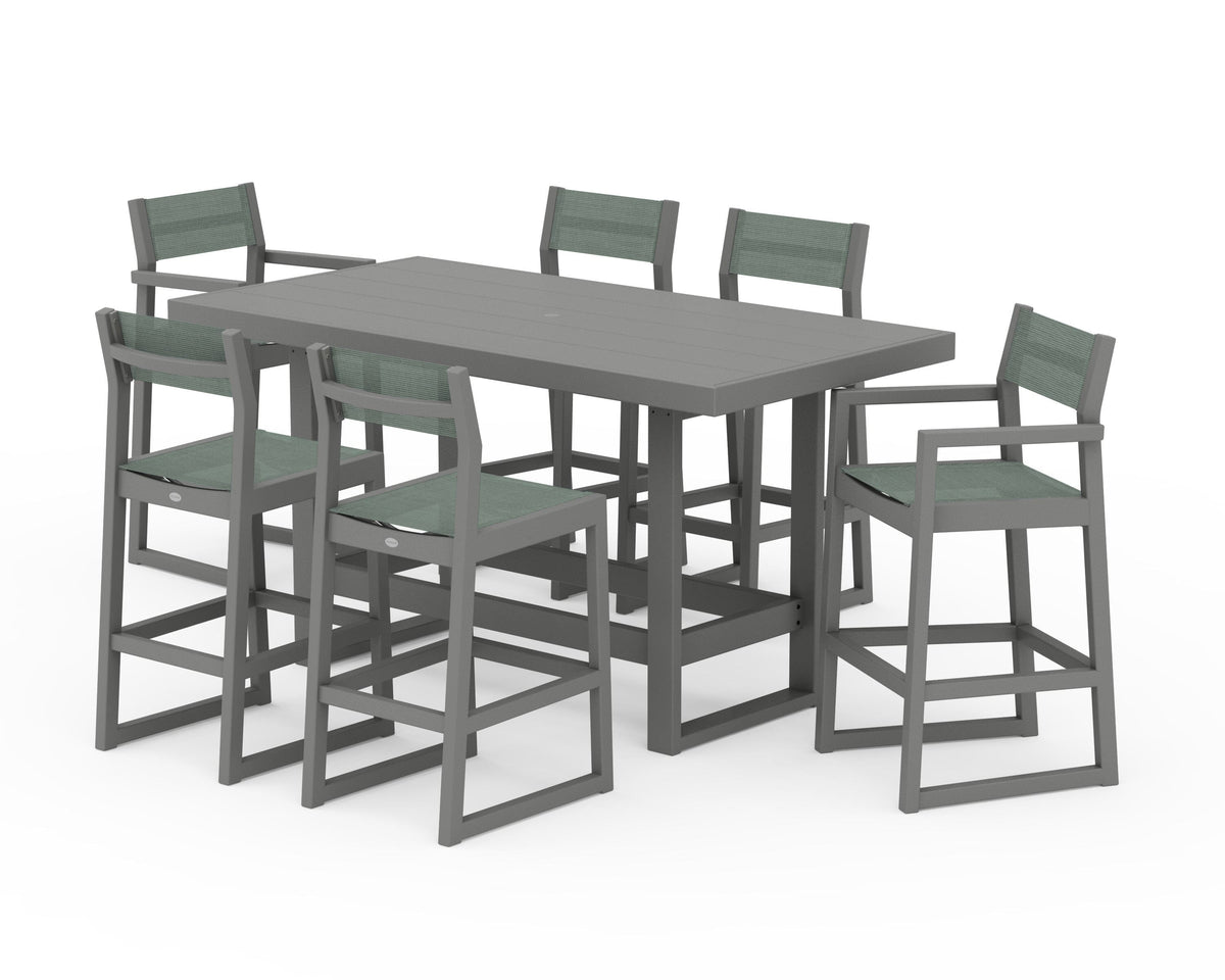 POLYWOOD EDGE Sling 7-Piece Bar Table Set in Slate Grey / Dupioni Sea Mist