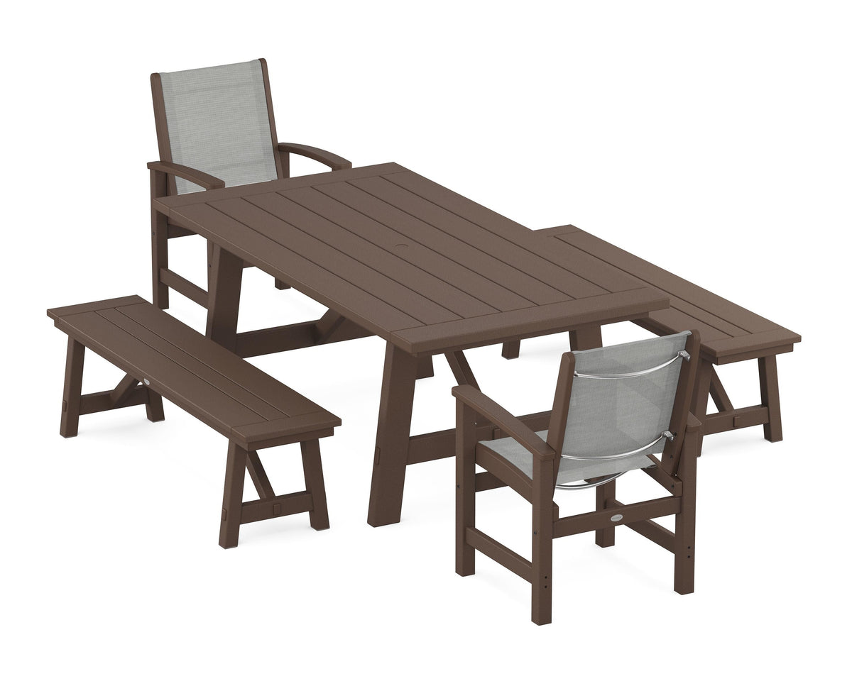 POLYWOOD Coastal 5-Piece Rustic Farmhouse Dining Set With Benches in Mahogany / Metallic