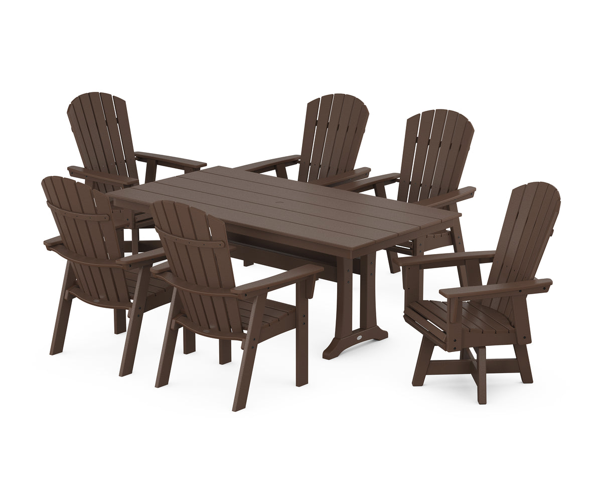 POLYWOOD Nautical Curveback Adirondack Swivel Chair 7-Piece Farmhouse Dining Set with Trestle Legs in Mahogany