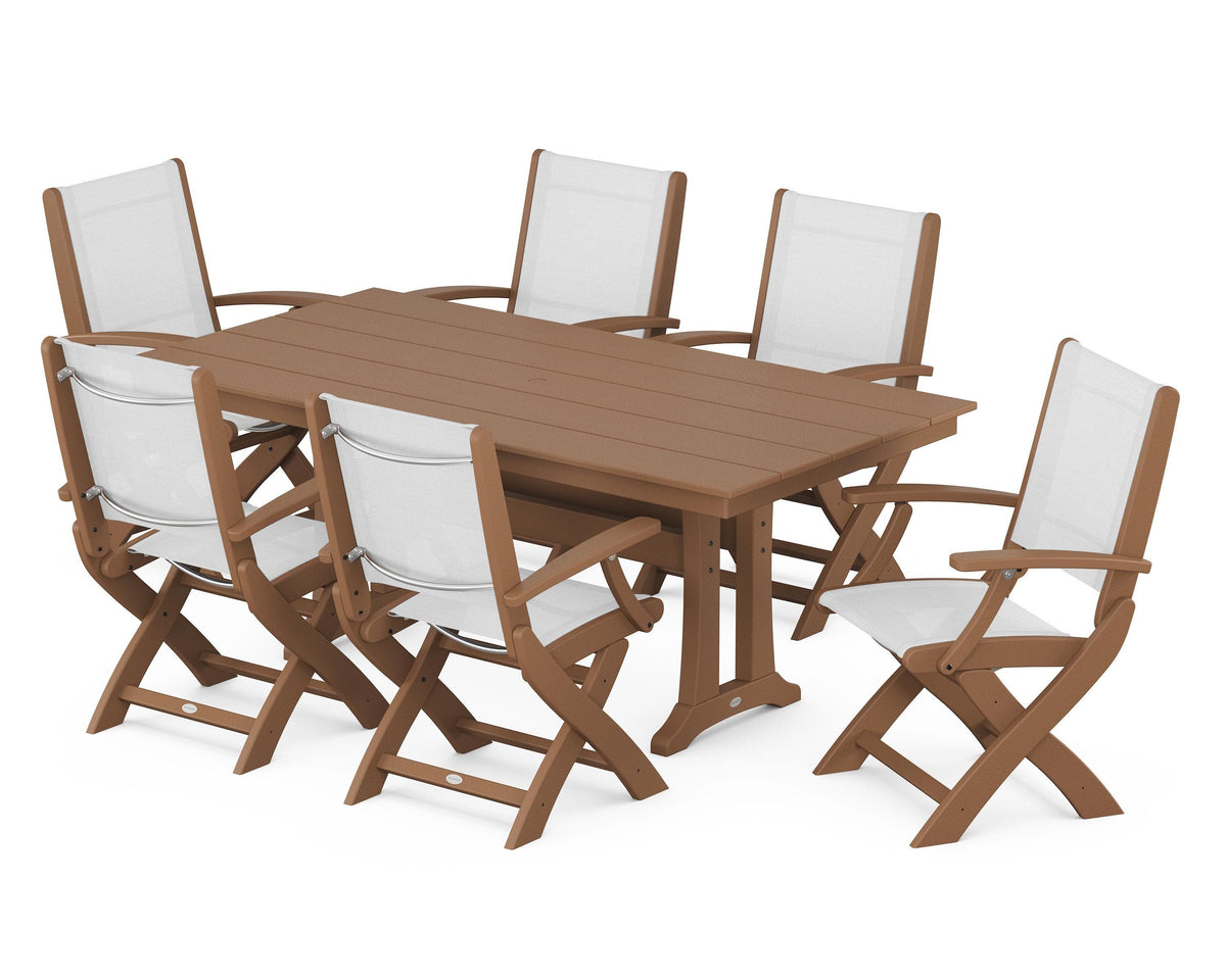 POLYWOOD Coastal Folding Arm Chair 7-Piece Farmhouse Dining Set with Trestle Legs in Teak / White